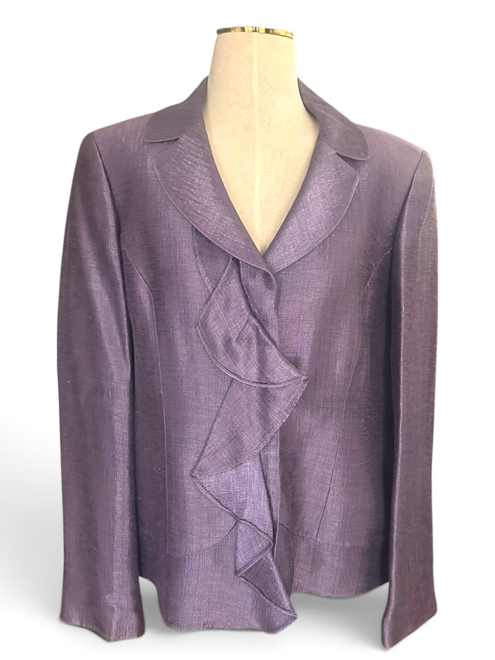 Albert Nipon Size 16 Purple Silk Blend Ruffle Front Evening Blazer Jacket - Picture 2 of 7